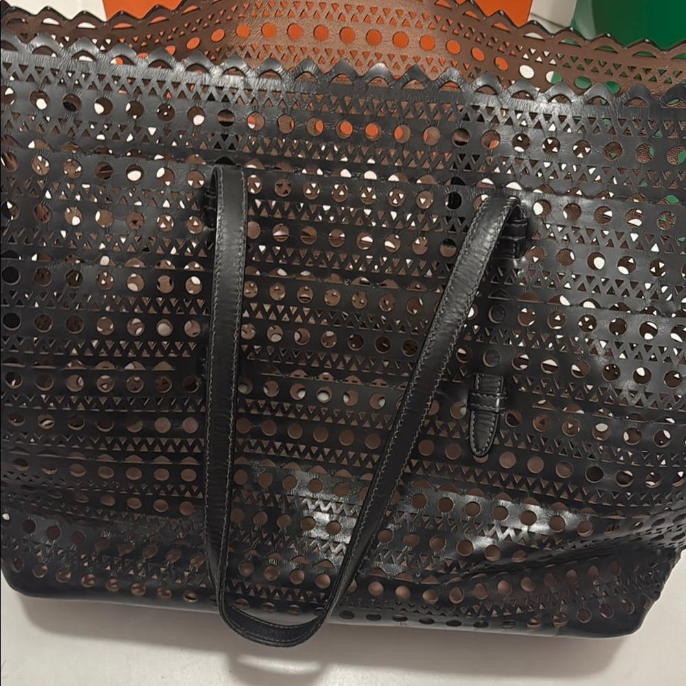 Alaia Black Geometric Tote Bag with Textured Design